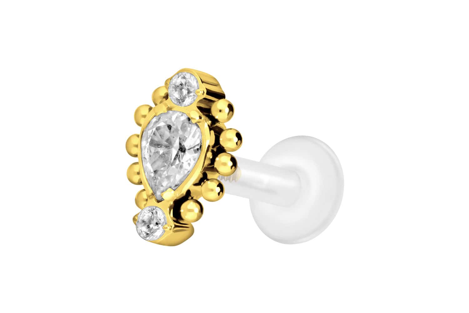 PTFE Labret Piercing mit Innengewinde + Titan-Aufsatz 3 EINGEFASSTE KRISTALLE + KUGELN